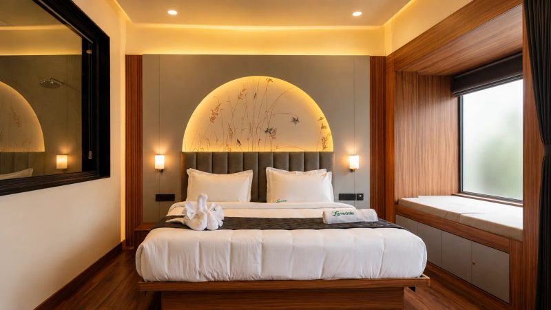 The Luxury Room at The Lovedale — a private balcony and a cushioned bay-window nook facing the greenery