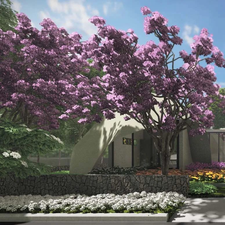 Render of a curved-shell premium villa beneath a flowering jacaranda